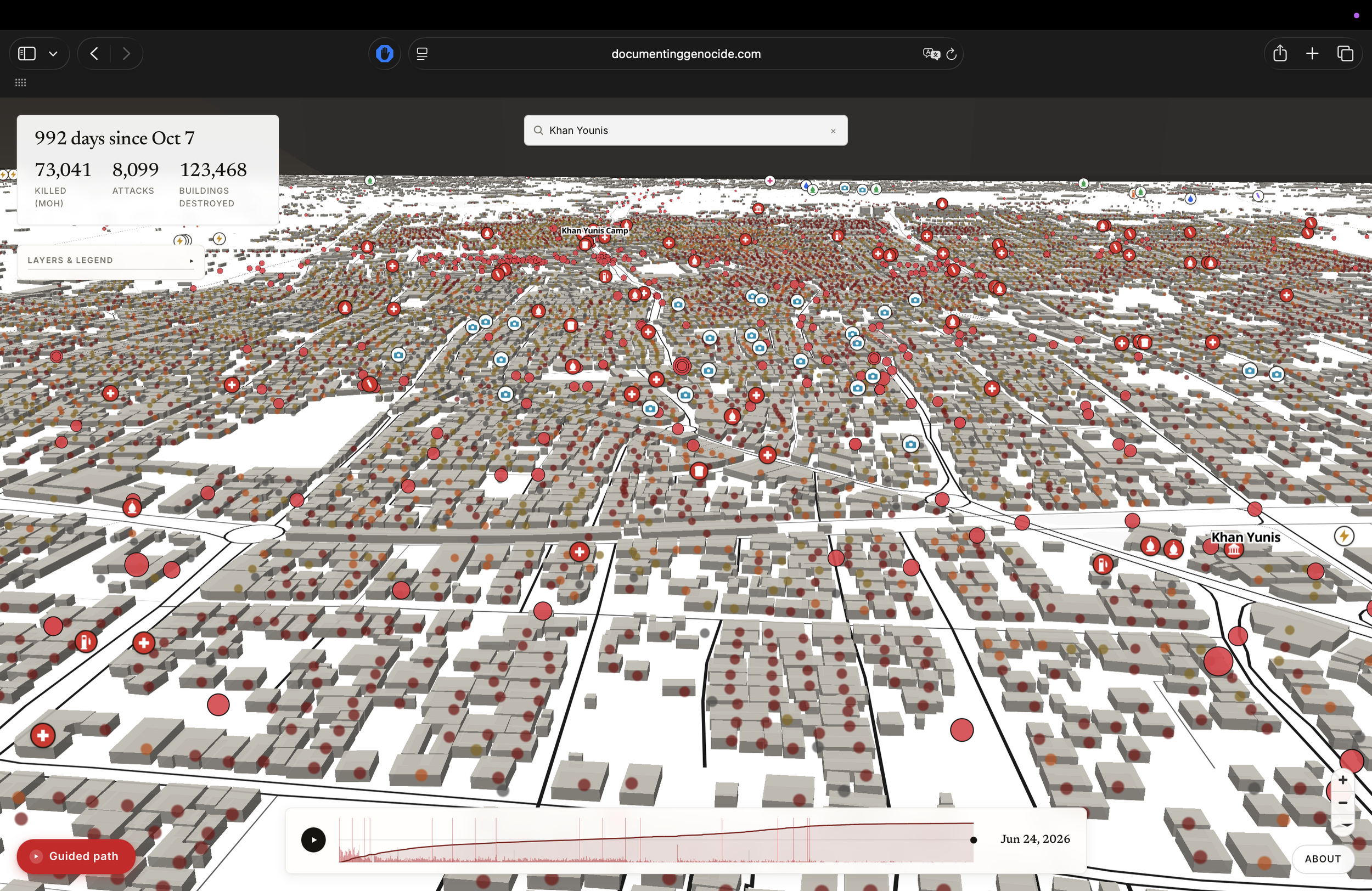 A 3D-tilted close-up of Khan Younis showing the damaged-building layer at street scale.
