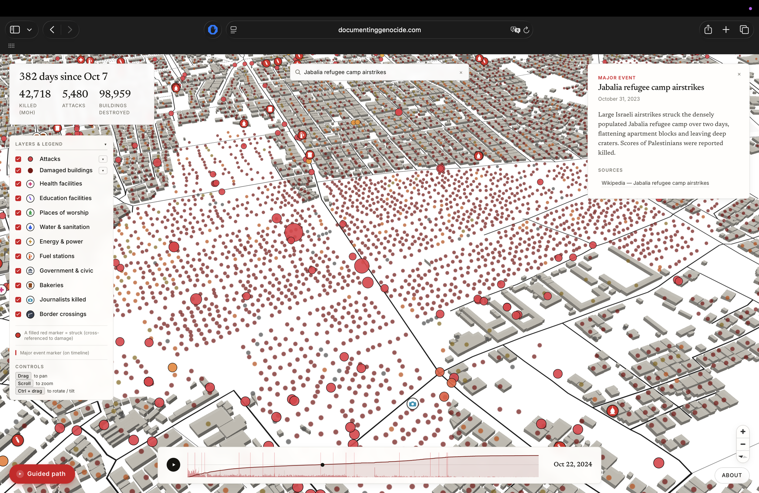 The map showing the curated event card for the October 2024 Jabalia refugee camp airstrikes.
