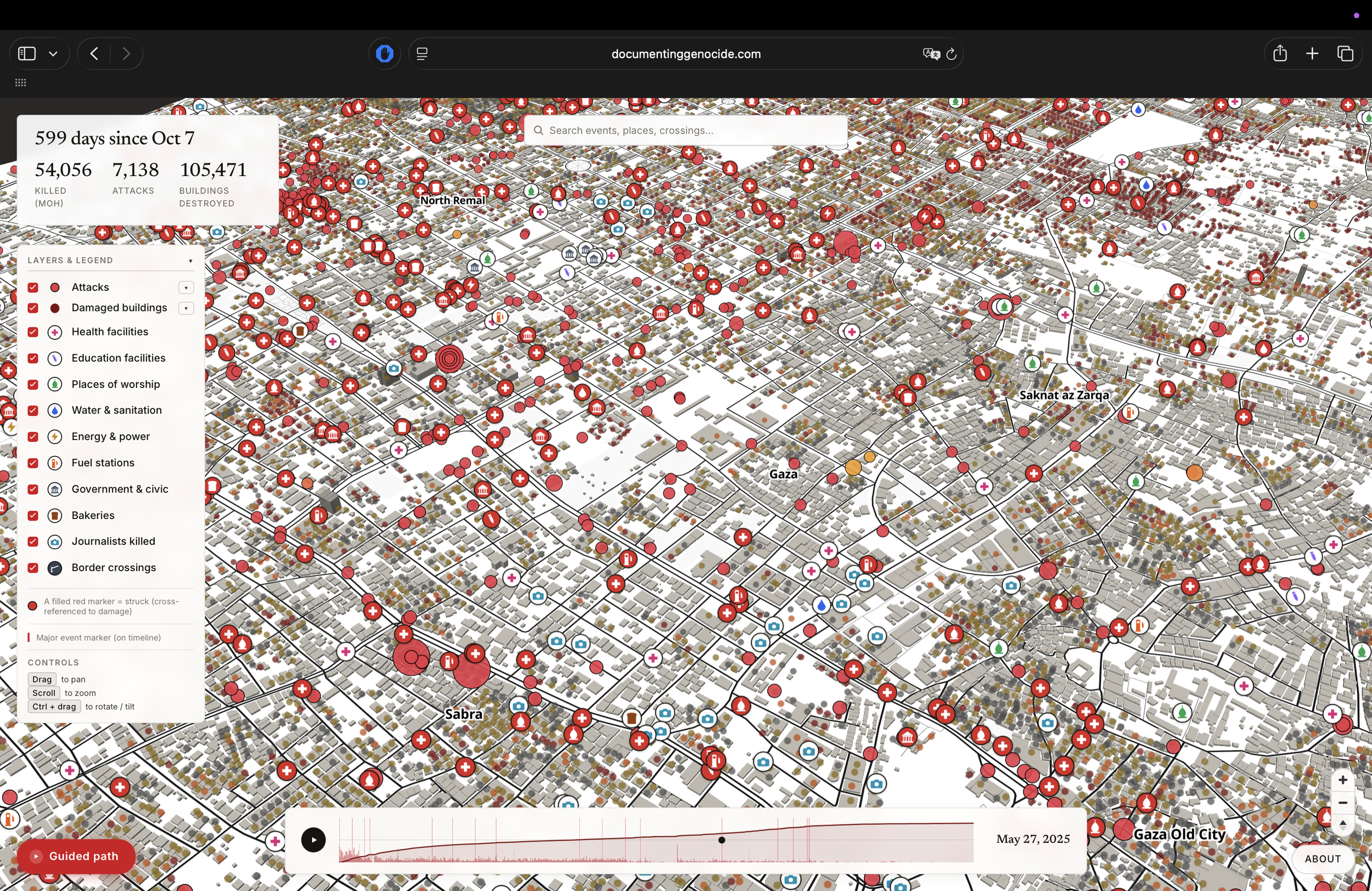 The Documenting Genocide map at day 599 of the genocide, tilted in 3D and saturated with markers across the Gaza Strip.