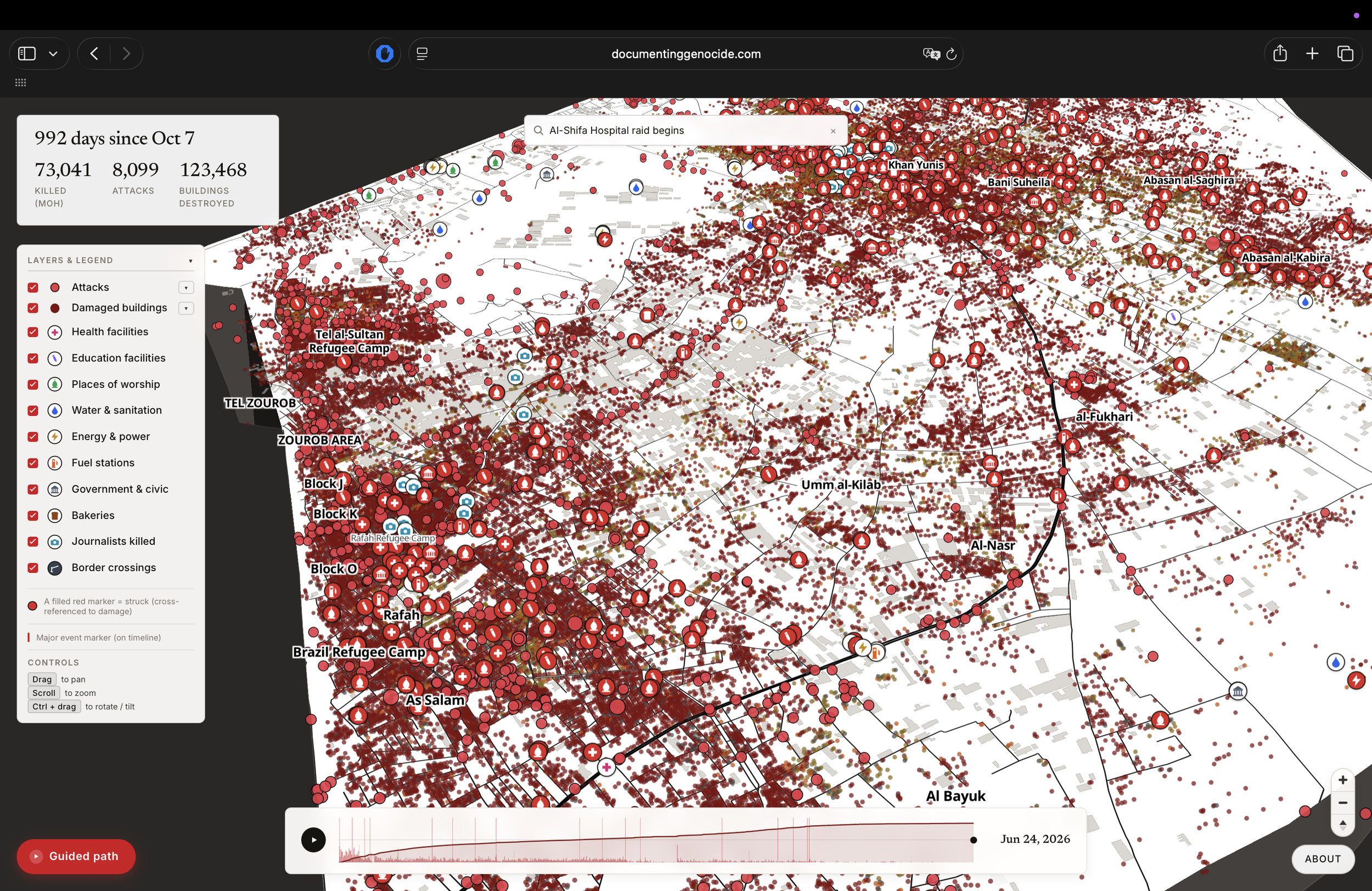 The Documenting Genocide map at day 992 of the genocide, showing the Gaza Strip saturated with thousands of incident and damage markers.