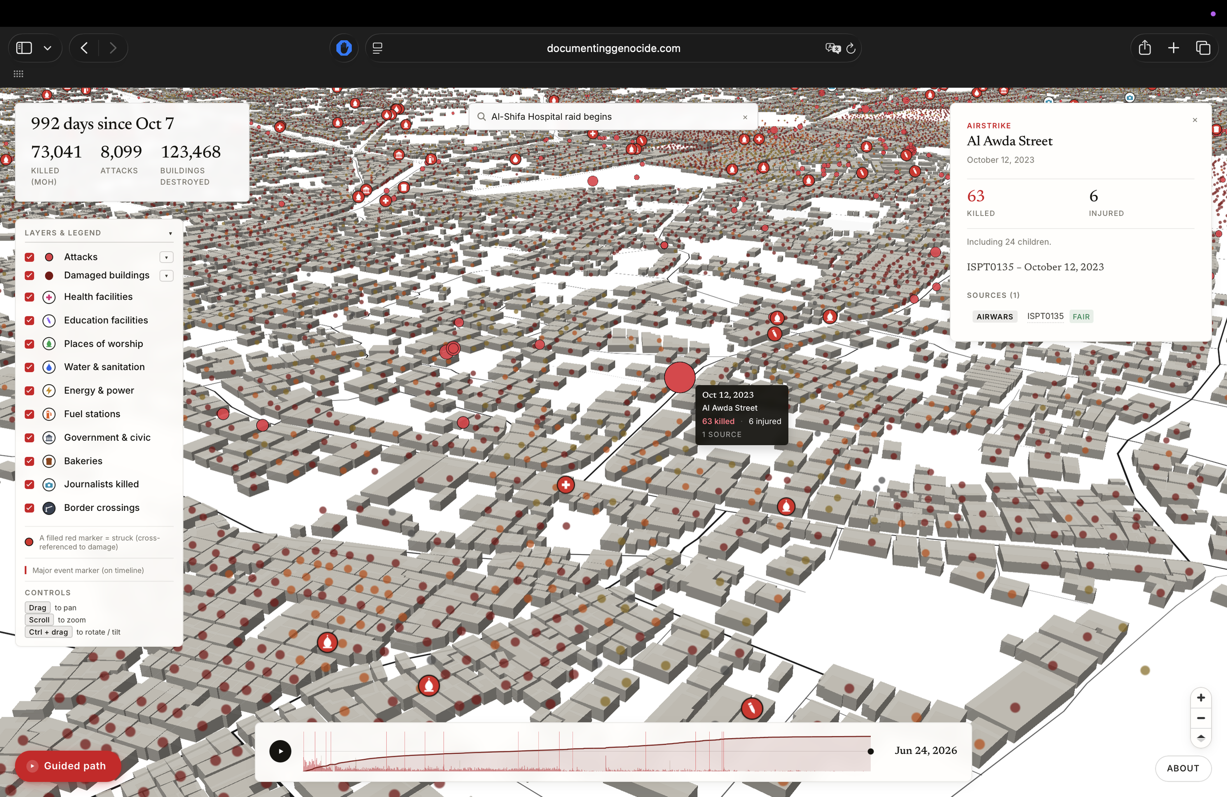 An incident detail panel for Al Awda Street, Oct 12 2023, showing 63 killed and 6 wounded with source citations.