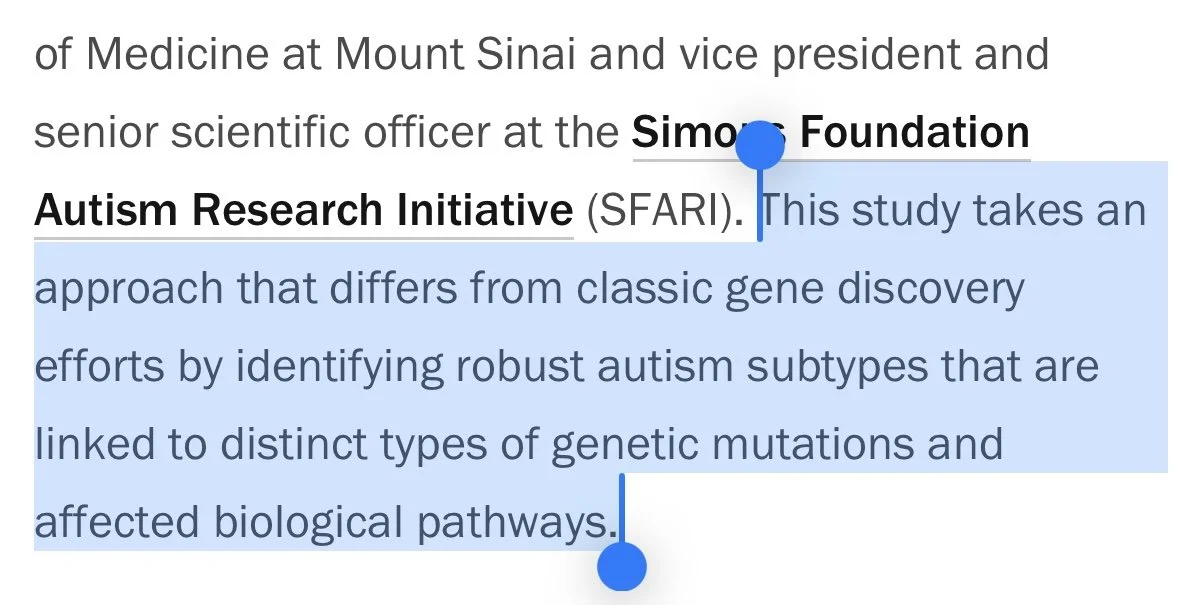 Screenshot of Princeton statement describing autism subtypes linked to genetic mutations and biological pathways