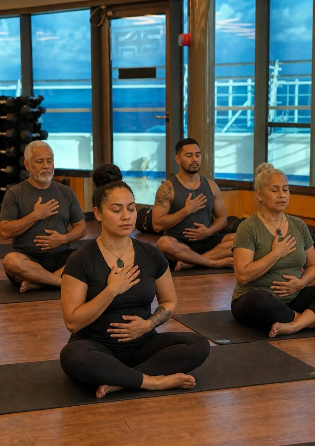 Four adults seated on mats practising breathwork with hands resting on their chest and abdomen.