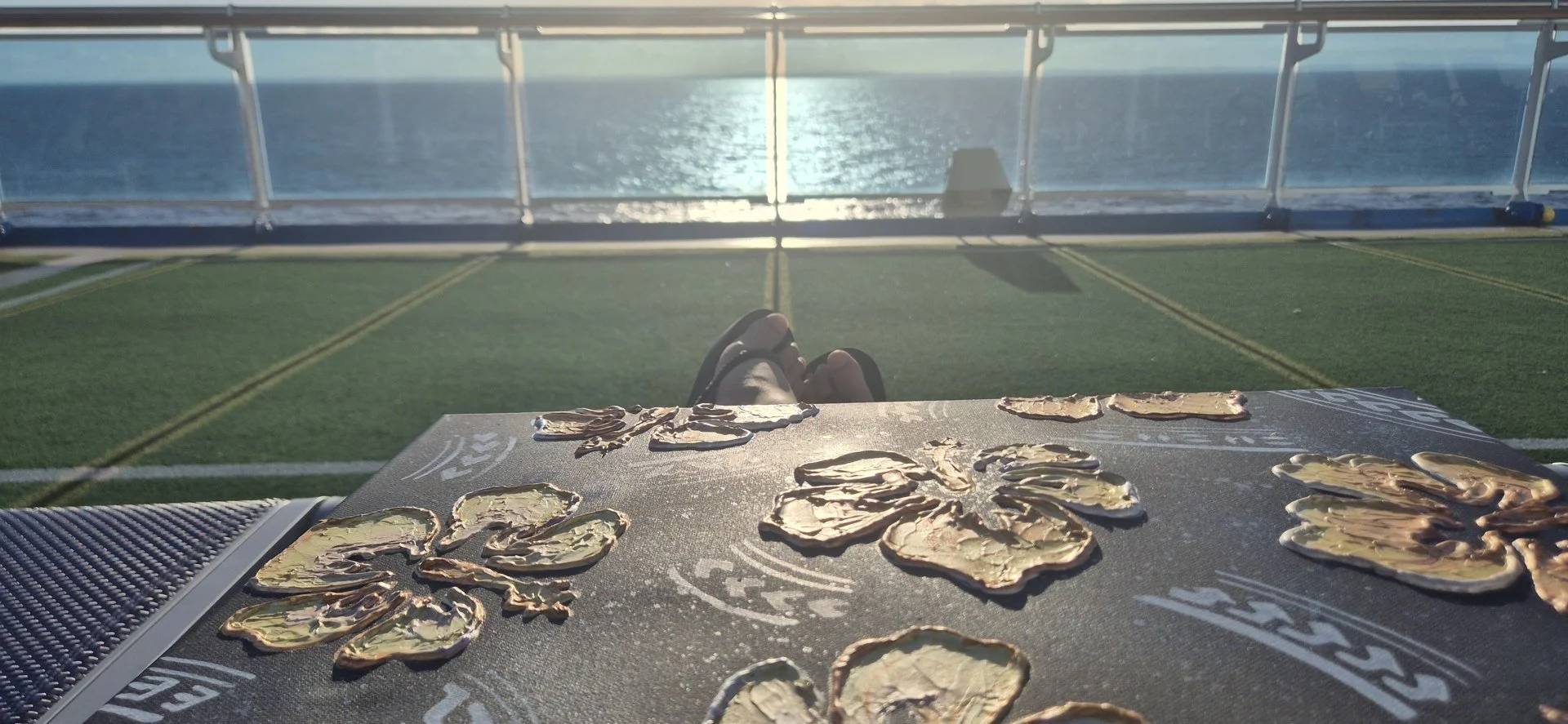 Craft materials arranged on an outdoor table by the ocean.