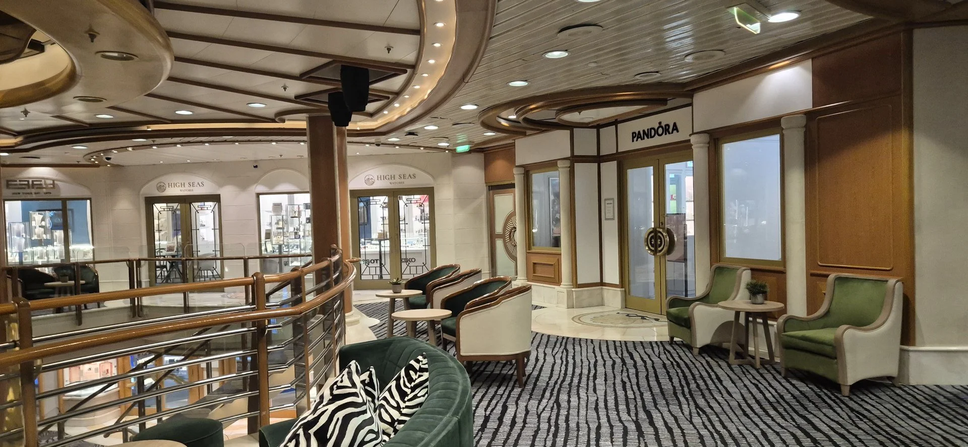 Seating in a cruise ship lounge.