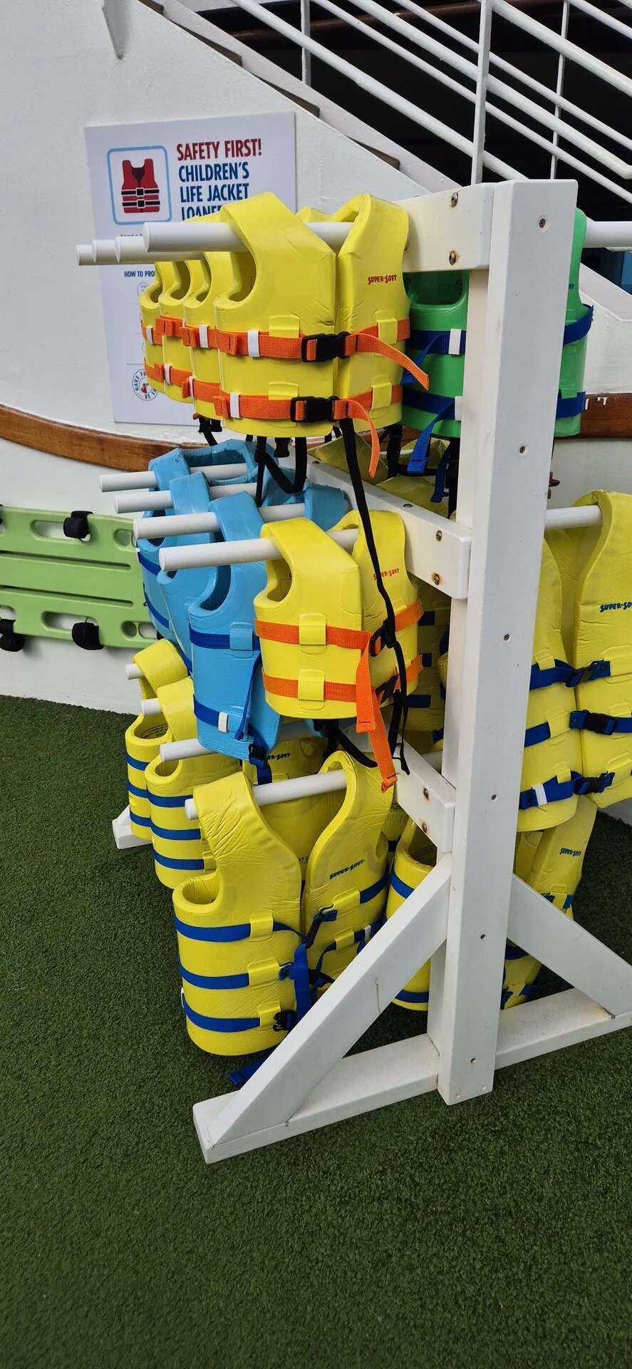Lifejackets stored in racks onboard.