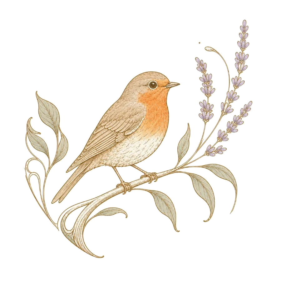 Full-colour art nouveau robin with whiplash flourishes