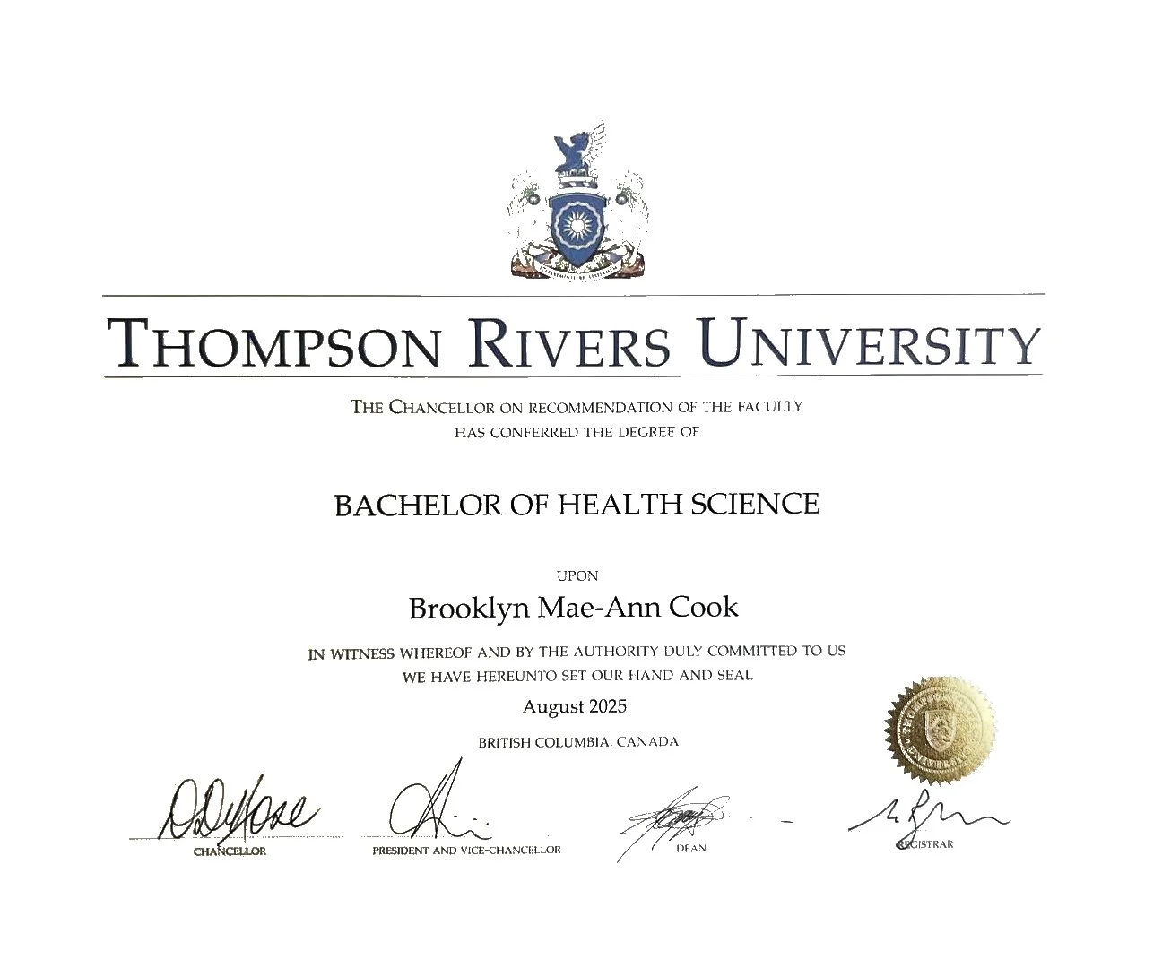 Thompson Rivers University Bachelor of Health Science certificate