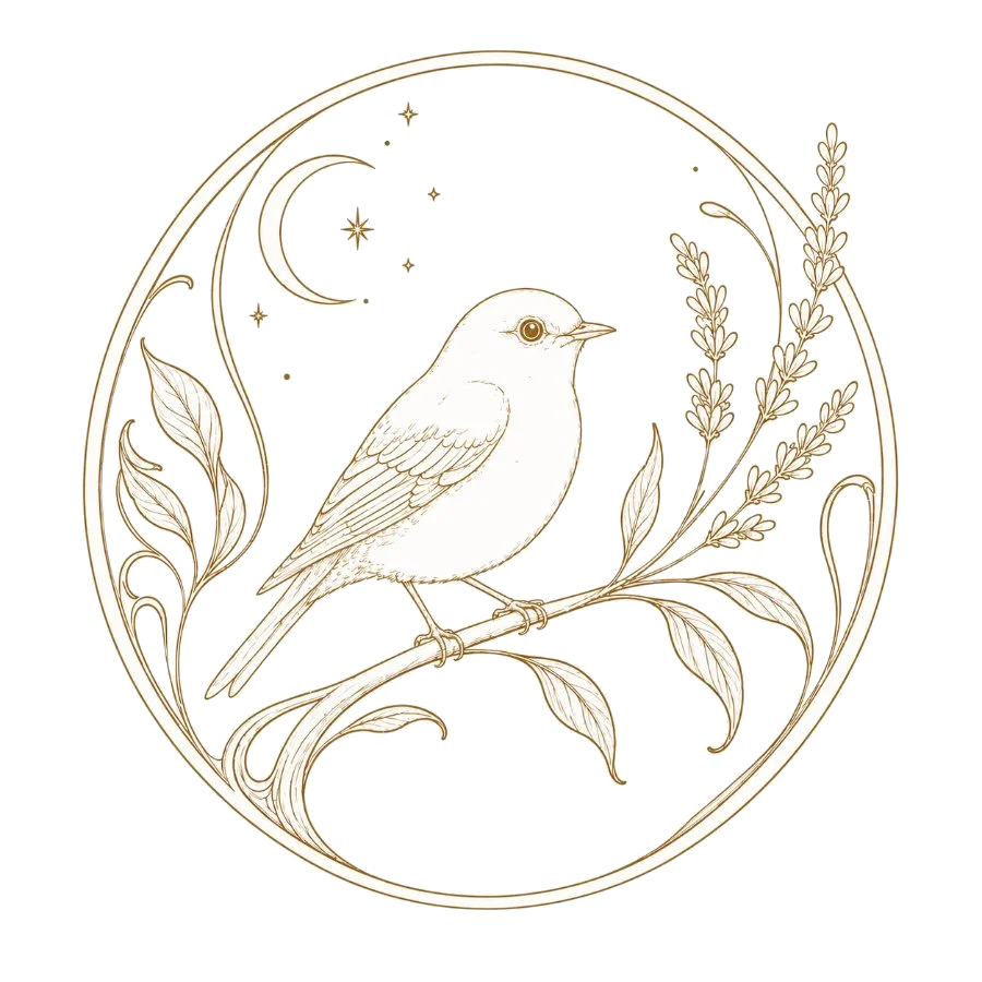 Art nouveau celestial robin roundel in fine gold line