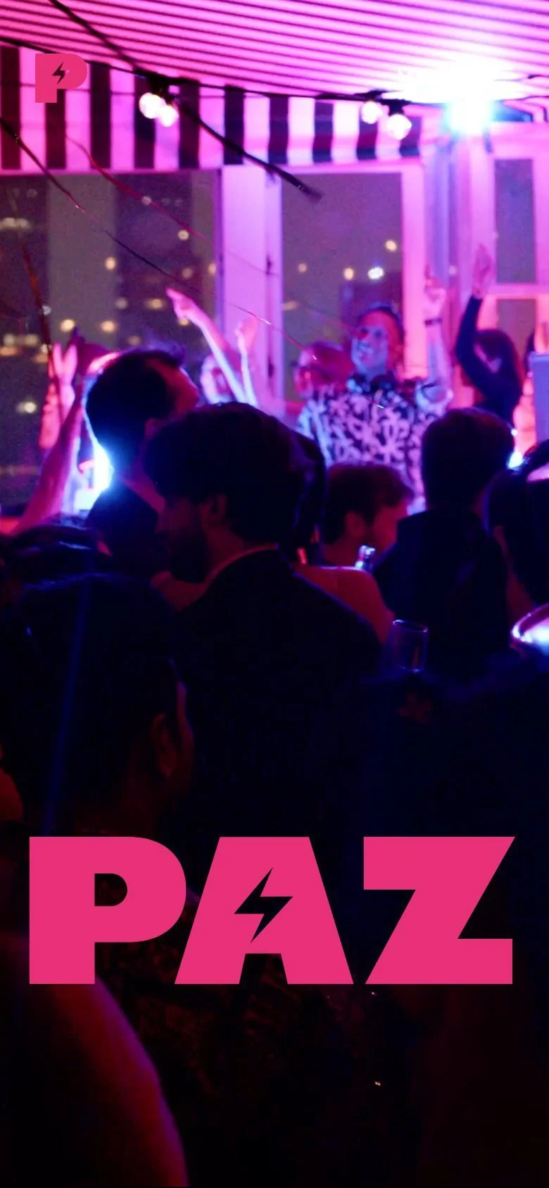 Paz Disco homepage on a phone with the PAZ wordmark over the crowd