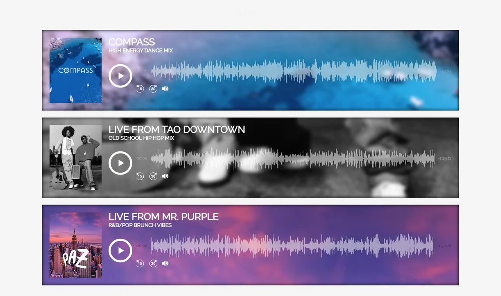 Paz Disco music section: three mixes, each in a waveform player with its cover art