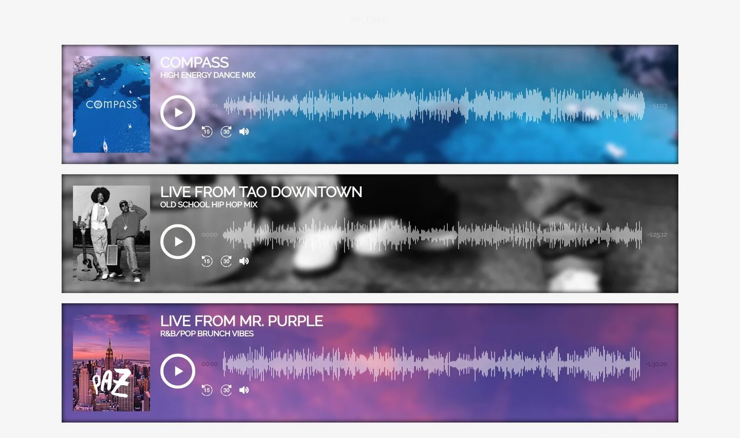 Paz Disco music section with three mixes in waveform players