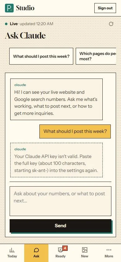 Ask Claude showing the message: Your Claude API key isn’t valid. Paste the full key, about 100 characters, starting sk-ant-, into the settings again