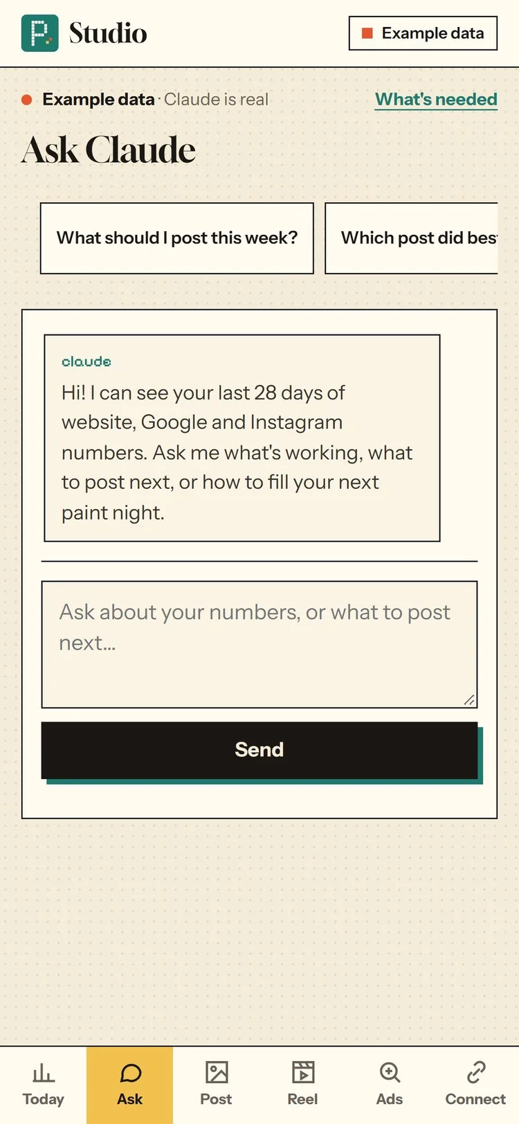 Ask Claude after: a full-width typing box with Send underneath