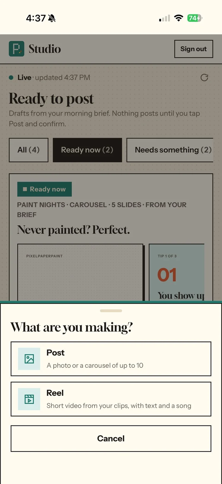 The New sheet: What are you making? Post, a photo or a carousel of up to 10, or Reel, a short video with text and a song