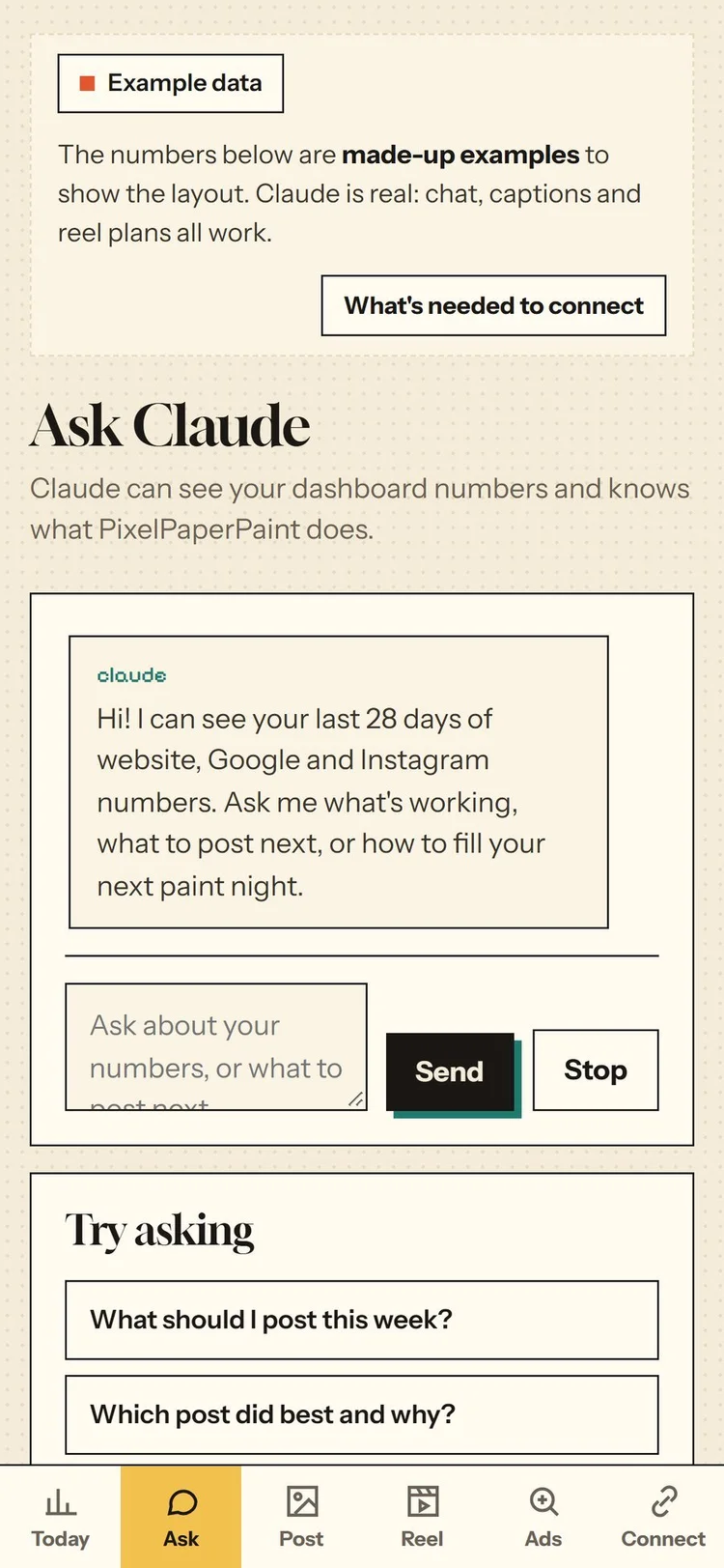 Ask Claude before: a small typing box with Send and Stop squeezed beside it