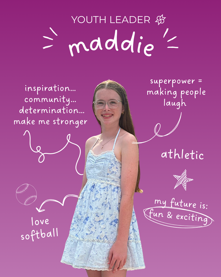 Youth leader Maddie portrait with hand-drawn notes: making people laugh, athletic