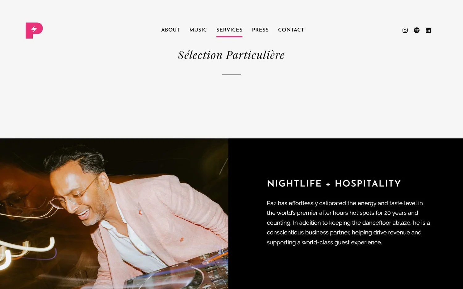 Paz Disco services page: a photo of Paz laughing at the decks beside the Nightlife and Hospitality description