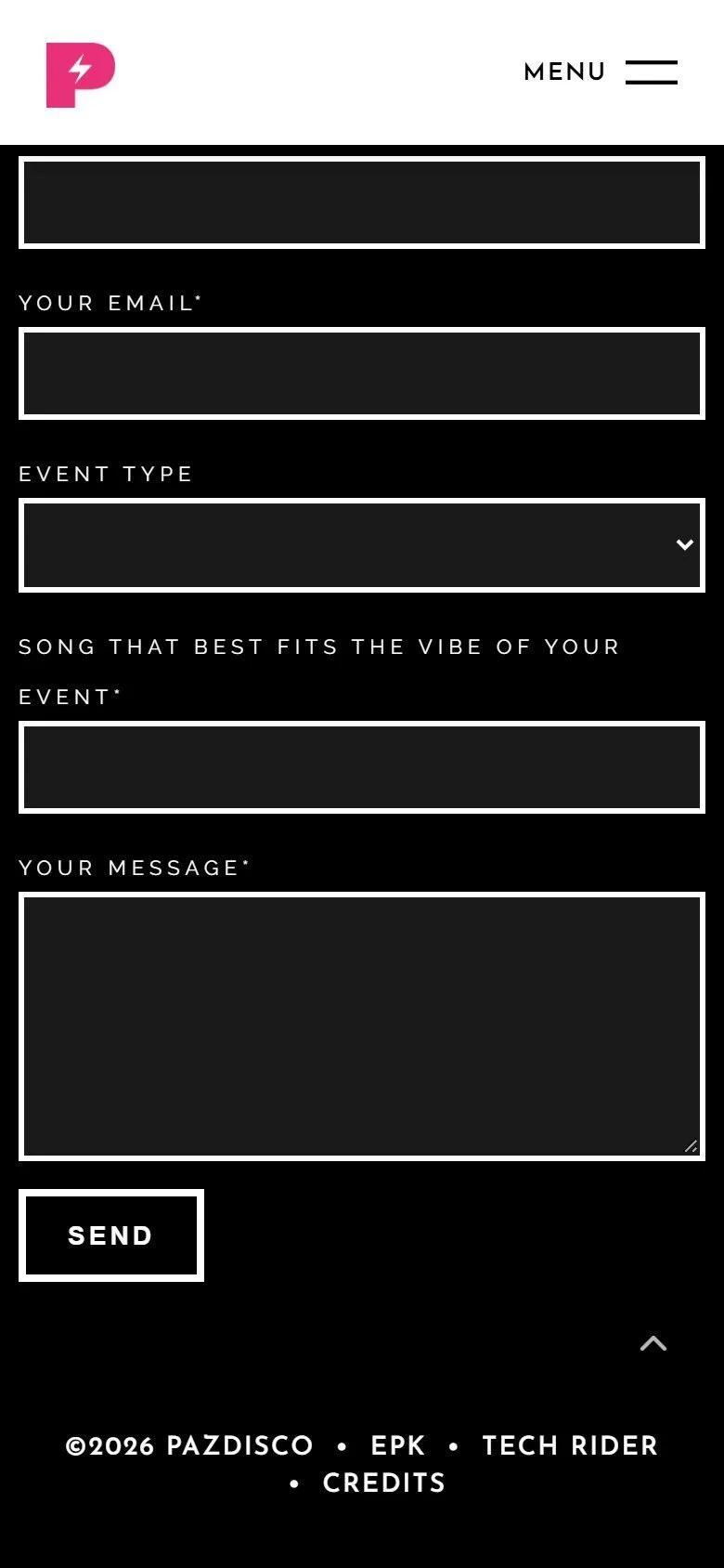 Paz Disco inquiry form on a phone, one field per line