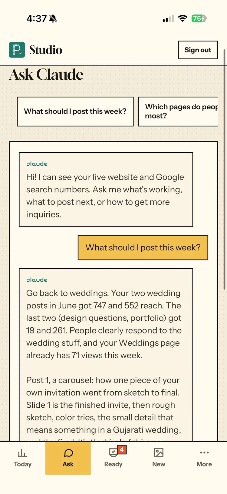 Ask Claude: I asked what I should post this week, and Claude answered from my real numbers, starting with go back to weddings