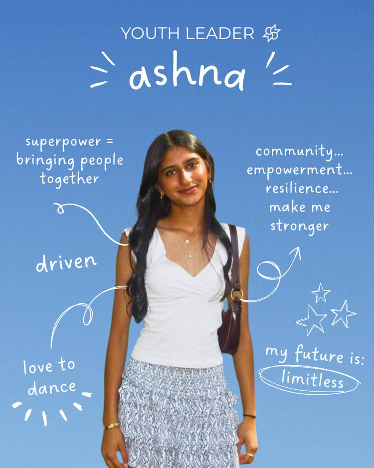 Youth leader Ashna portrait with hand-drawn notes: bringing people together, love to dance