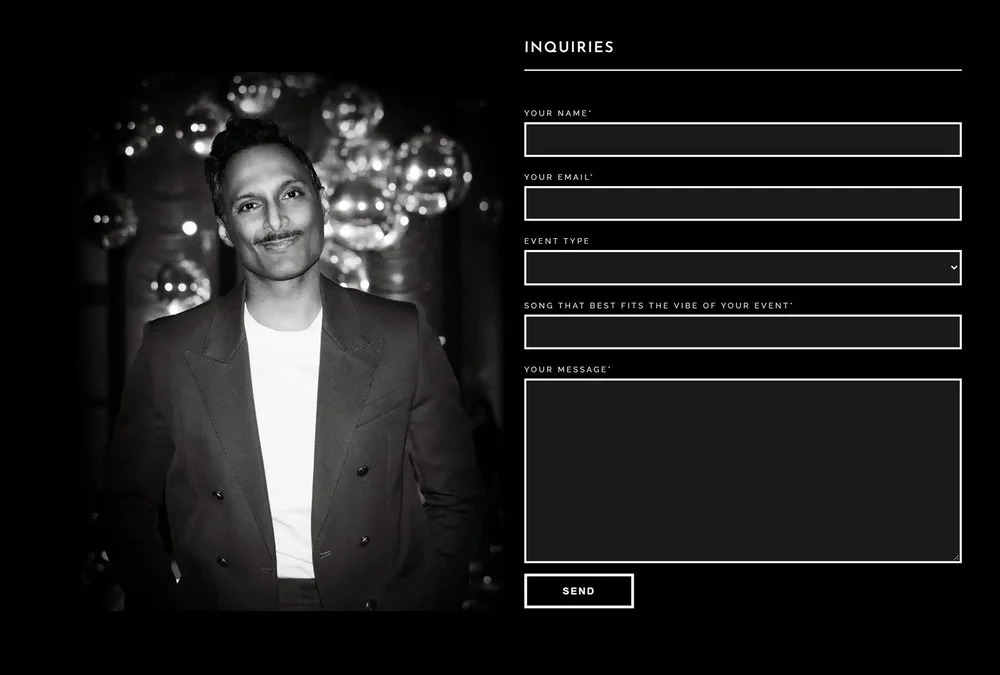 Paz Disco inquiry form beside a black and white portrait of Paz