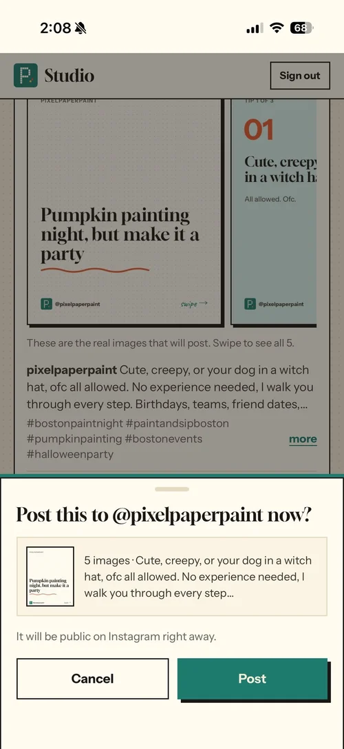 The Post this to @pixelpaperpaint now? sheet with Cancel and Post