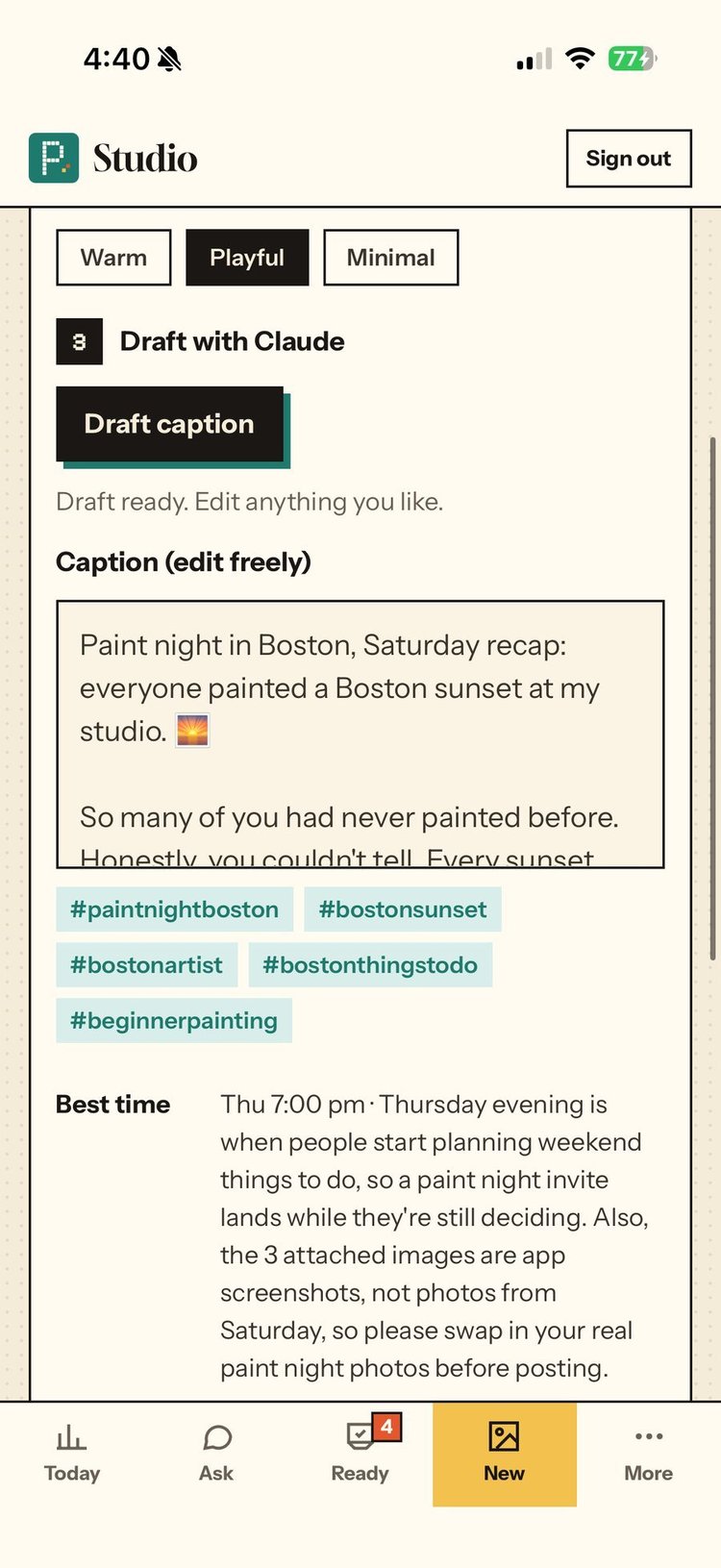 New post: the caption Claude drafted in my voice, with hashtags and a best time to post