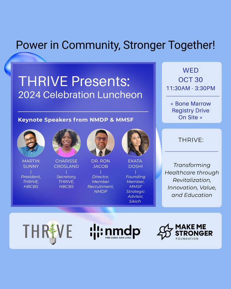 THRIVE 2024 Celebration Luncheon flyer with speakers from NMDP and MMSF