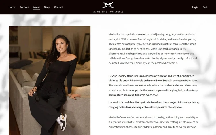 Marie-Lise Lachapelle website About page with a portrait of the designer and her story