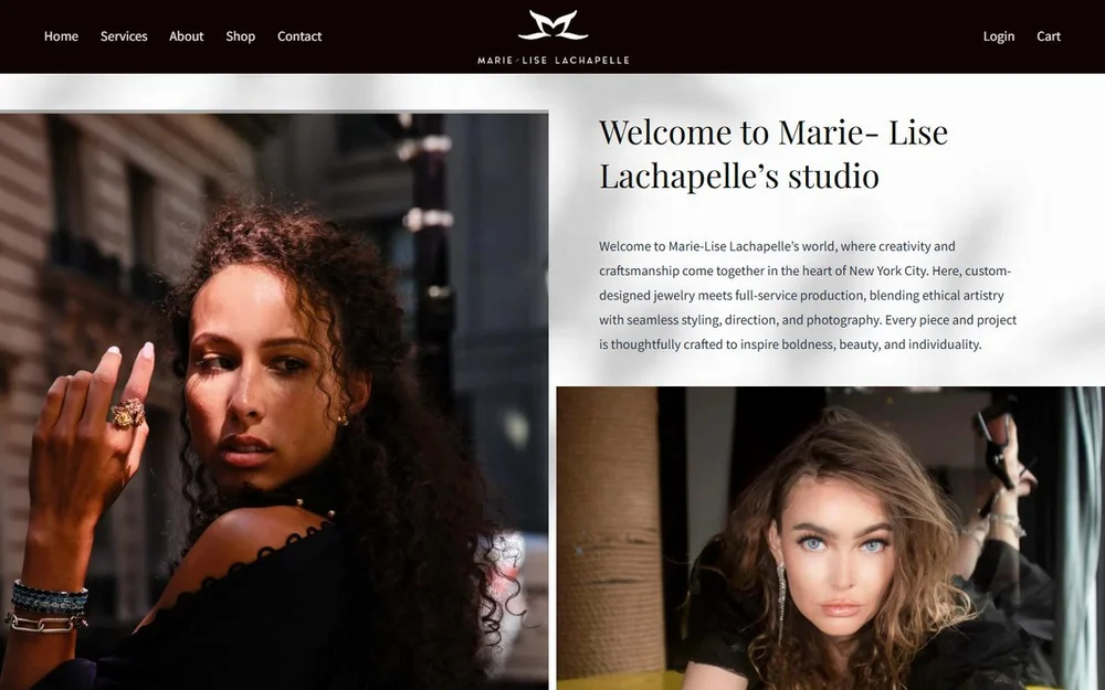 Marie-Lise Lachapelle website home page: editorial jewelry photography beside the studio welcome text