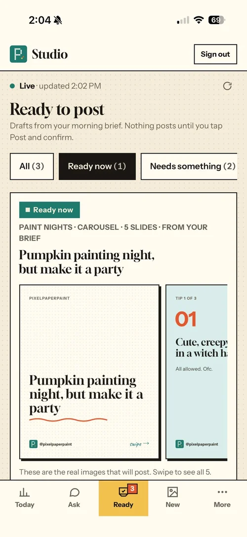 Ready to post: the Pumpkin painting night carousel marked Ready now