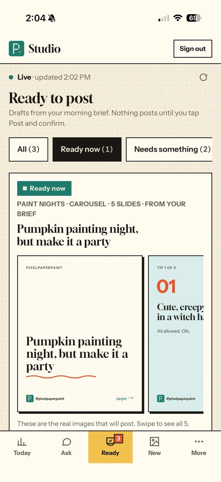 Ready to post: the Pumpkin painting night carousel marked Ready now