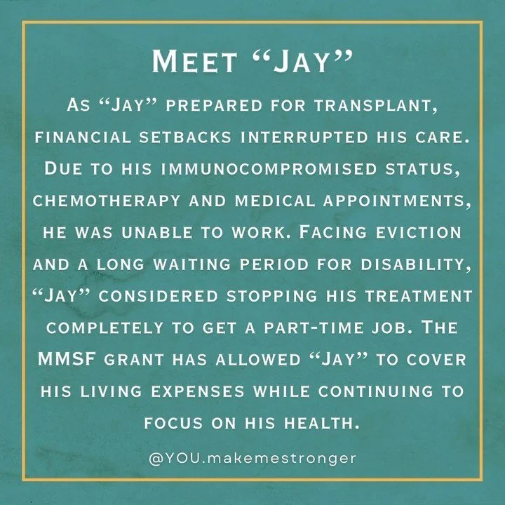 Older MMSF patient story post from 2023, Meet Jay: a dense block of all-caps text on a teal and gold background