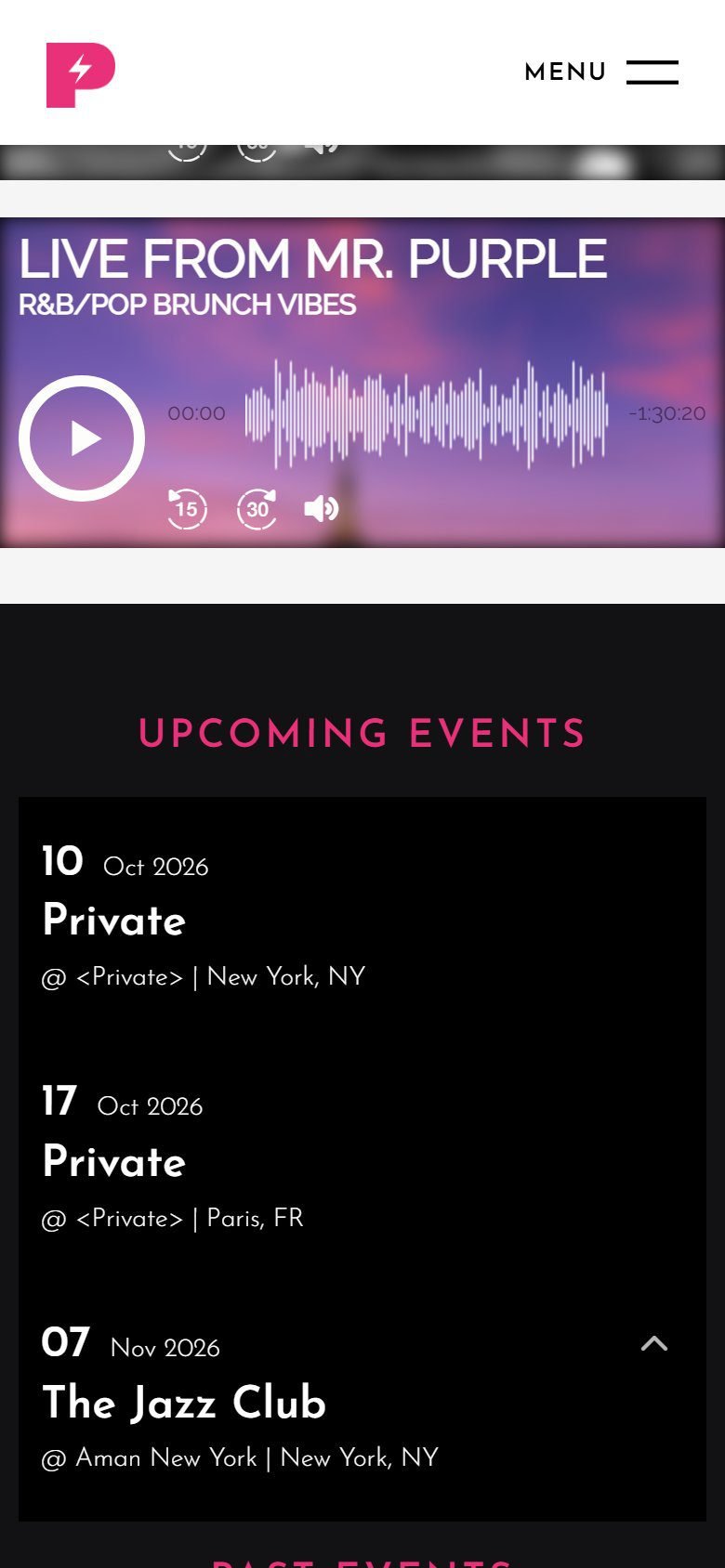 Paz Disco on a phone: a mix player above the upcoming events list