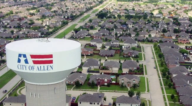Aerial view of Allen water tower and neighborhoods served by Bulletproof WiFi in Allen, TX