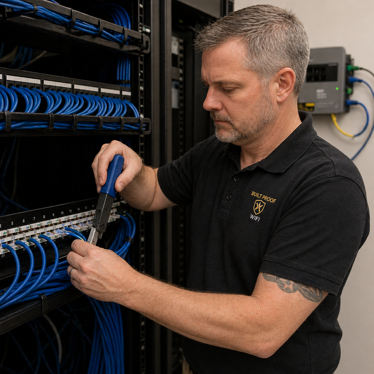 Technician completing patch panel for Celina small business networking