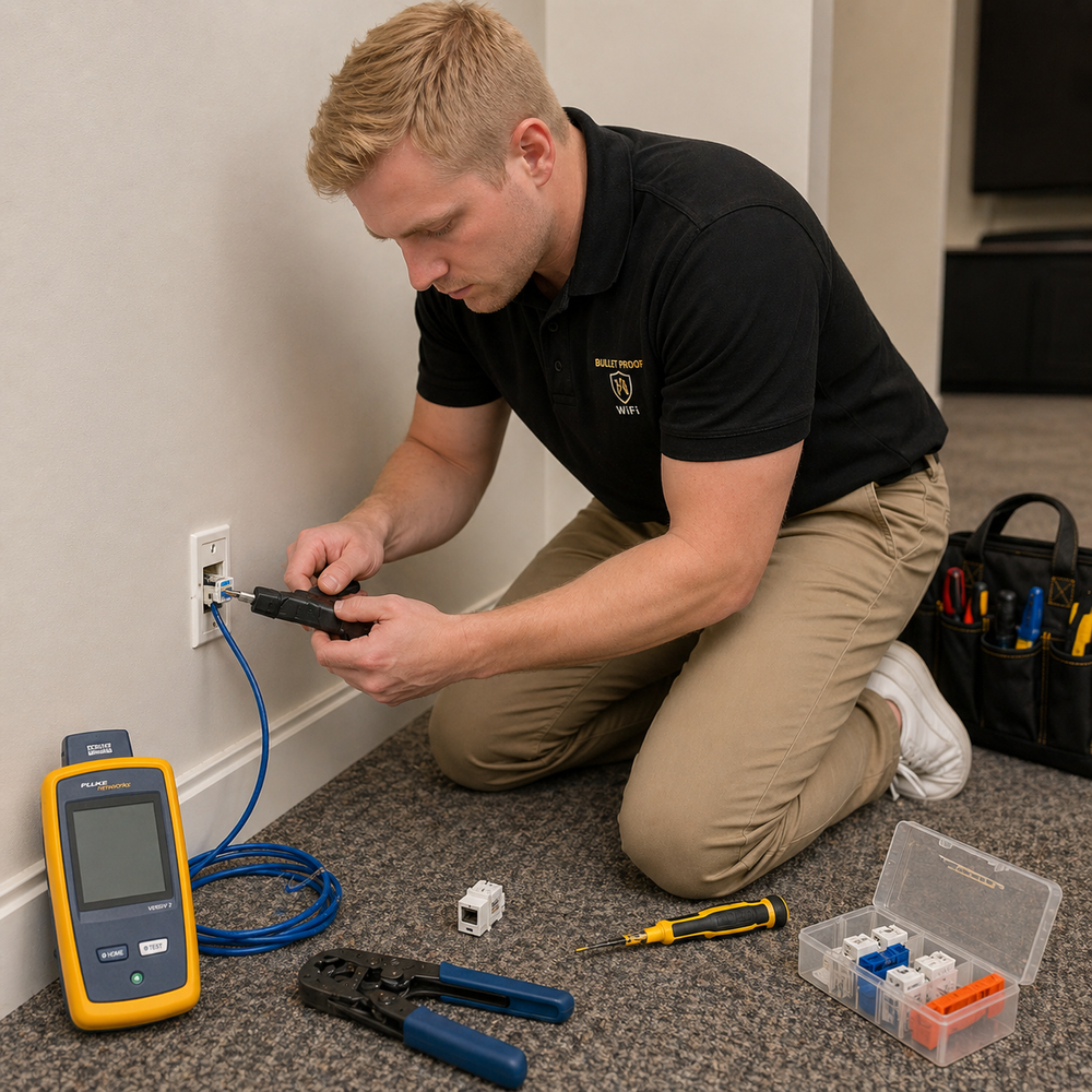 Bulletproof WiFi technician terminating and testing an Ethernet wall jack in an Allen, TX home in Allen, TX