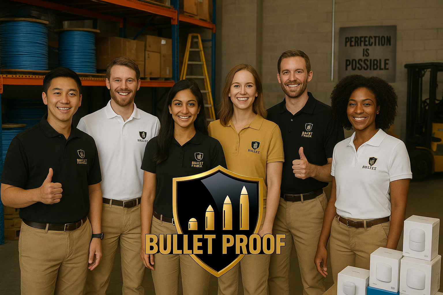 Happy Bulletproof WiFi employees in warehouse with cabling and mesh WiFi inventory