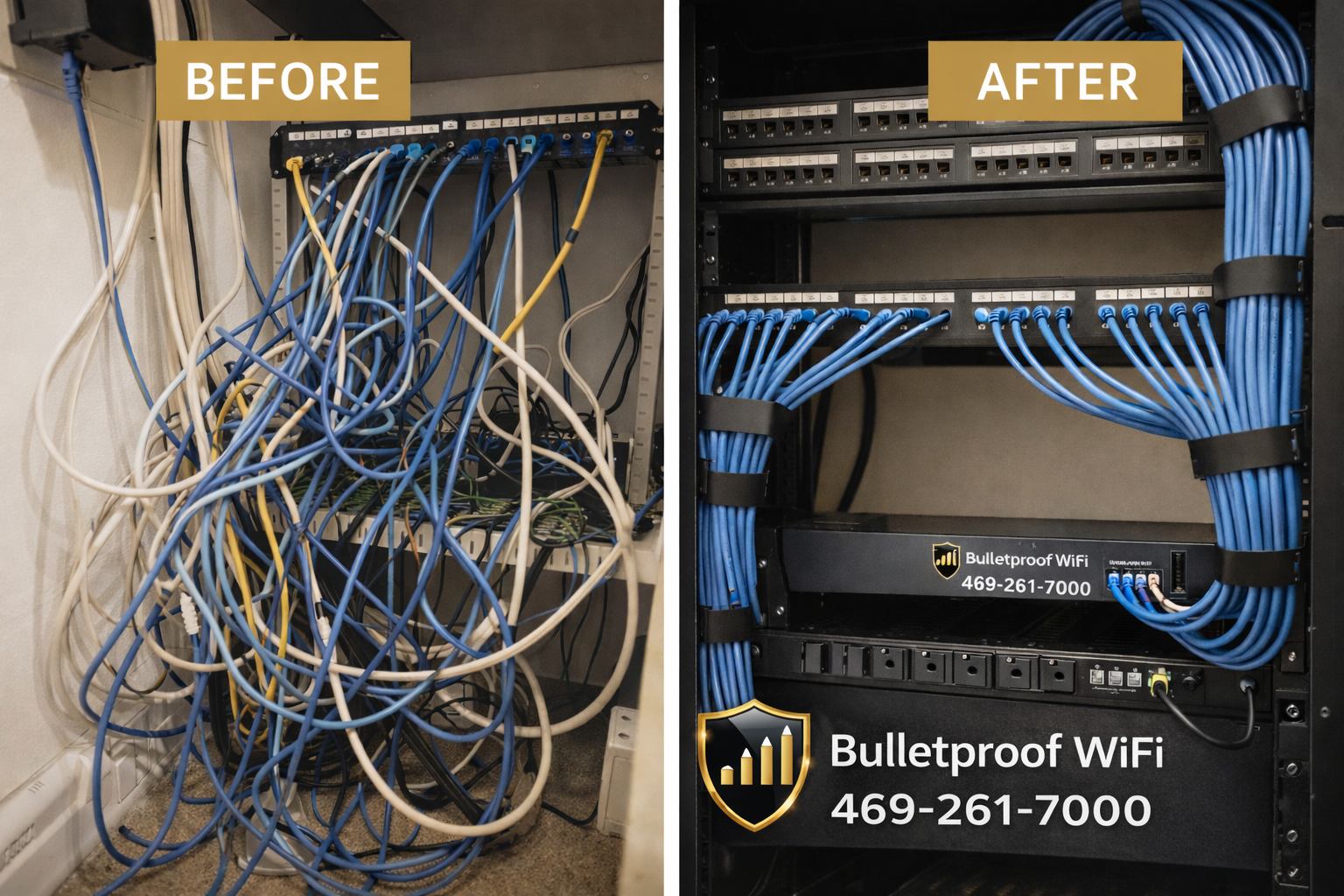 Before and after wire cleanup of network rack for Celina small business networking