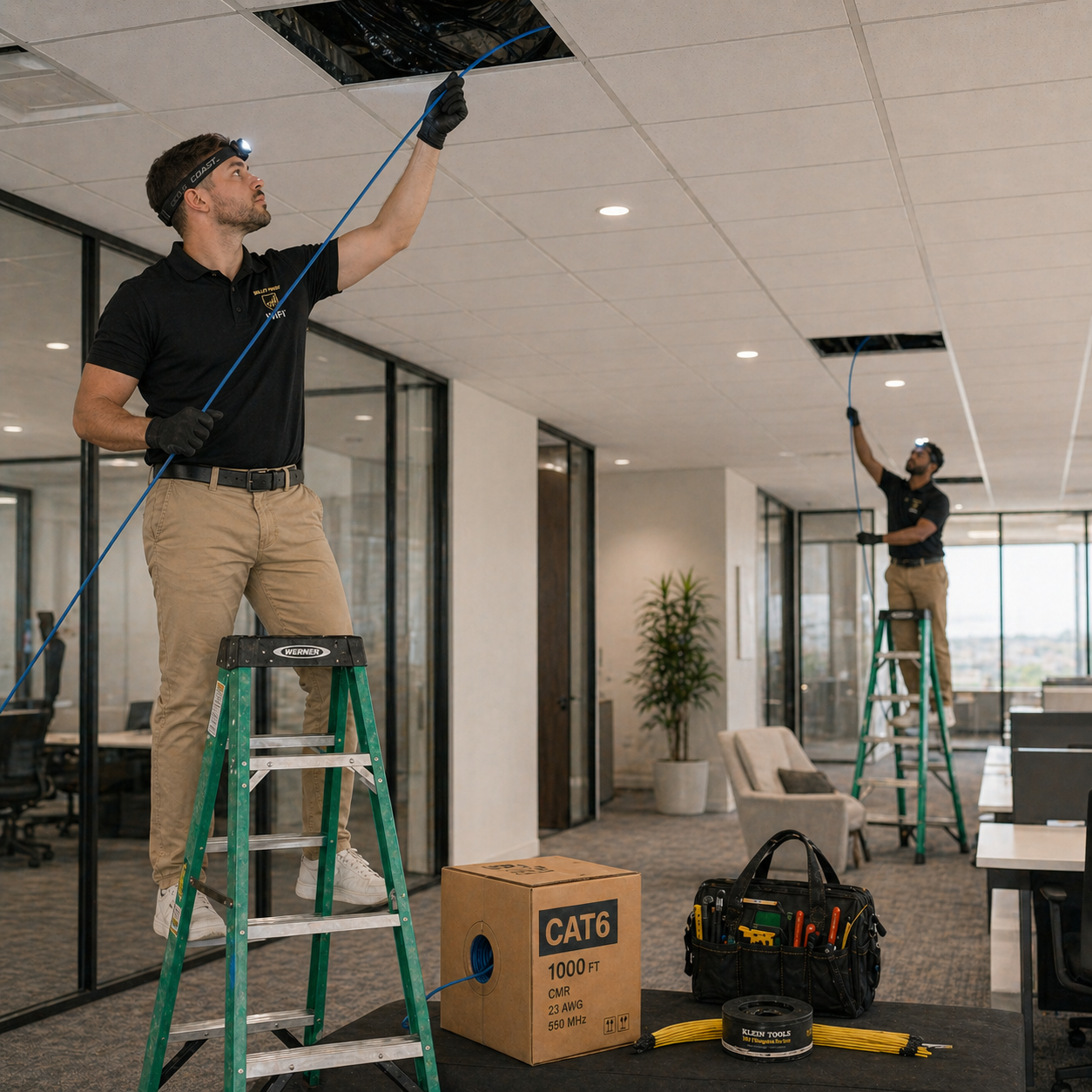 Two person team installing structured cabling for Celina office