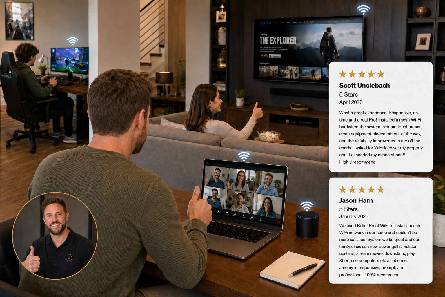Happy family using reliable Bulletproof Wi-Fi for Zoom, streaming, gaming, and smart devices