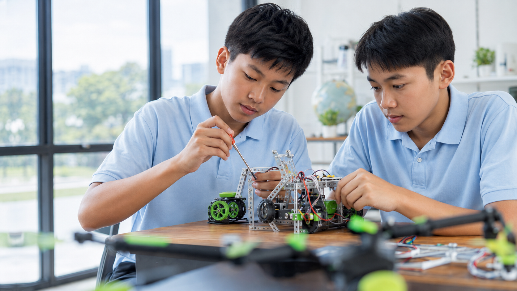 Two Asian teenagers collaborating on a robotics project