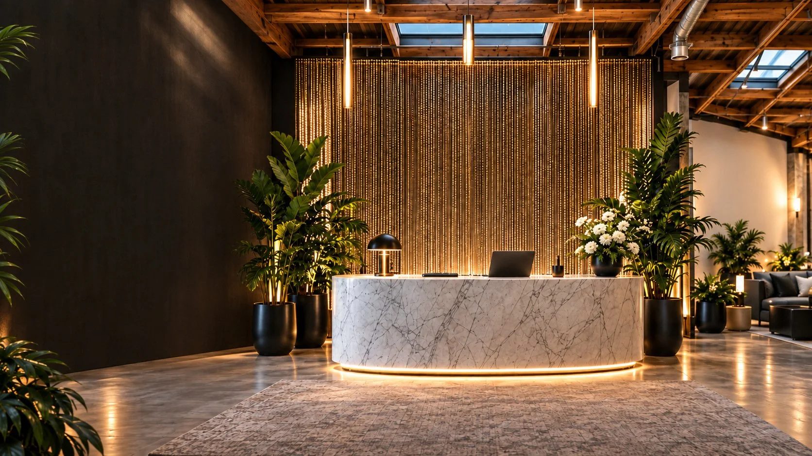 A softly illuminated marble reception desk, gold curtain and lush planting beneath a timber ceiling.