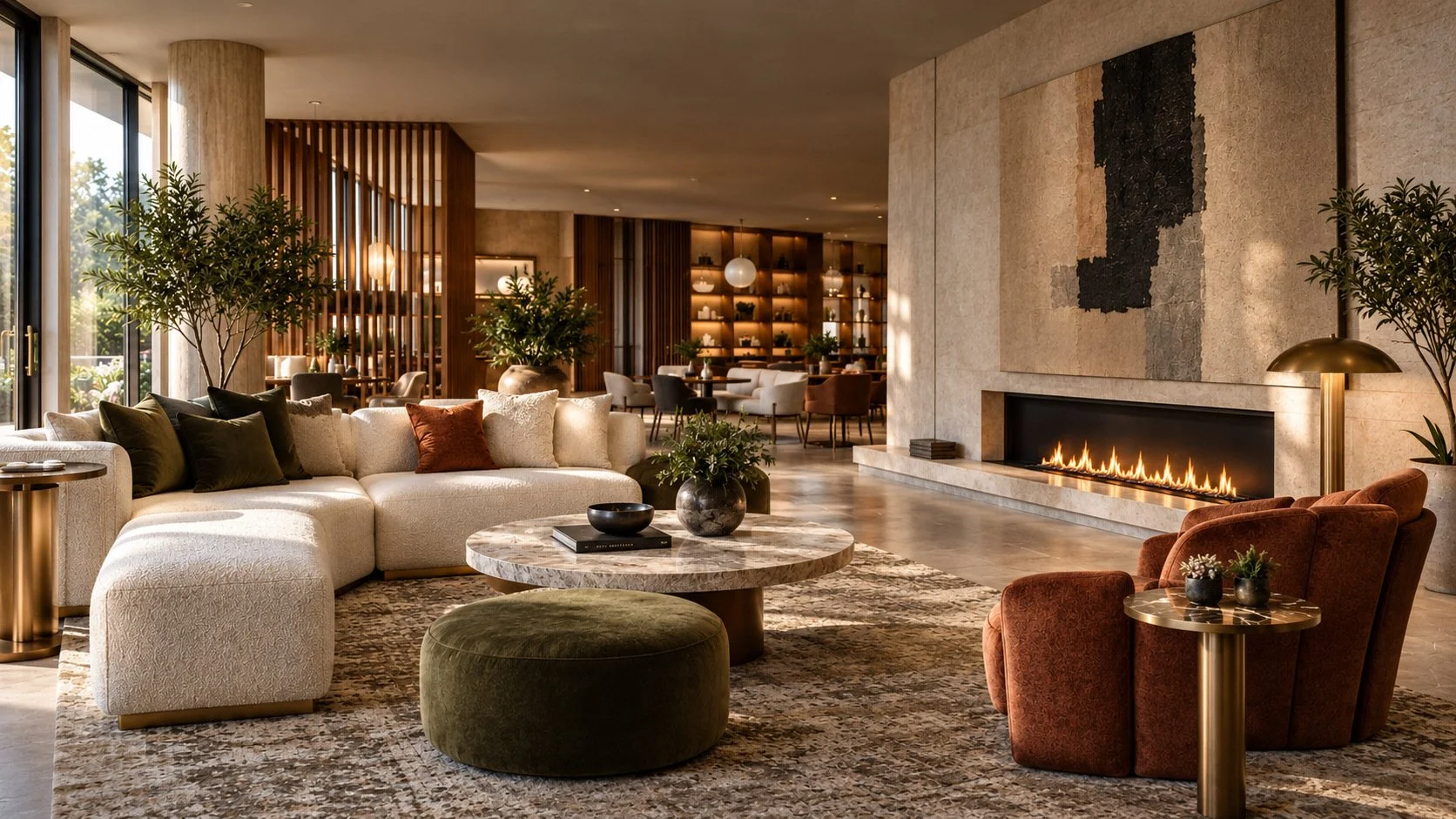 A sunlit lobby with a curved ivory sofa, olive ottoman, stone table, bronze lamp and sculptural fireplace.