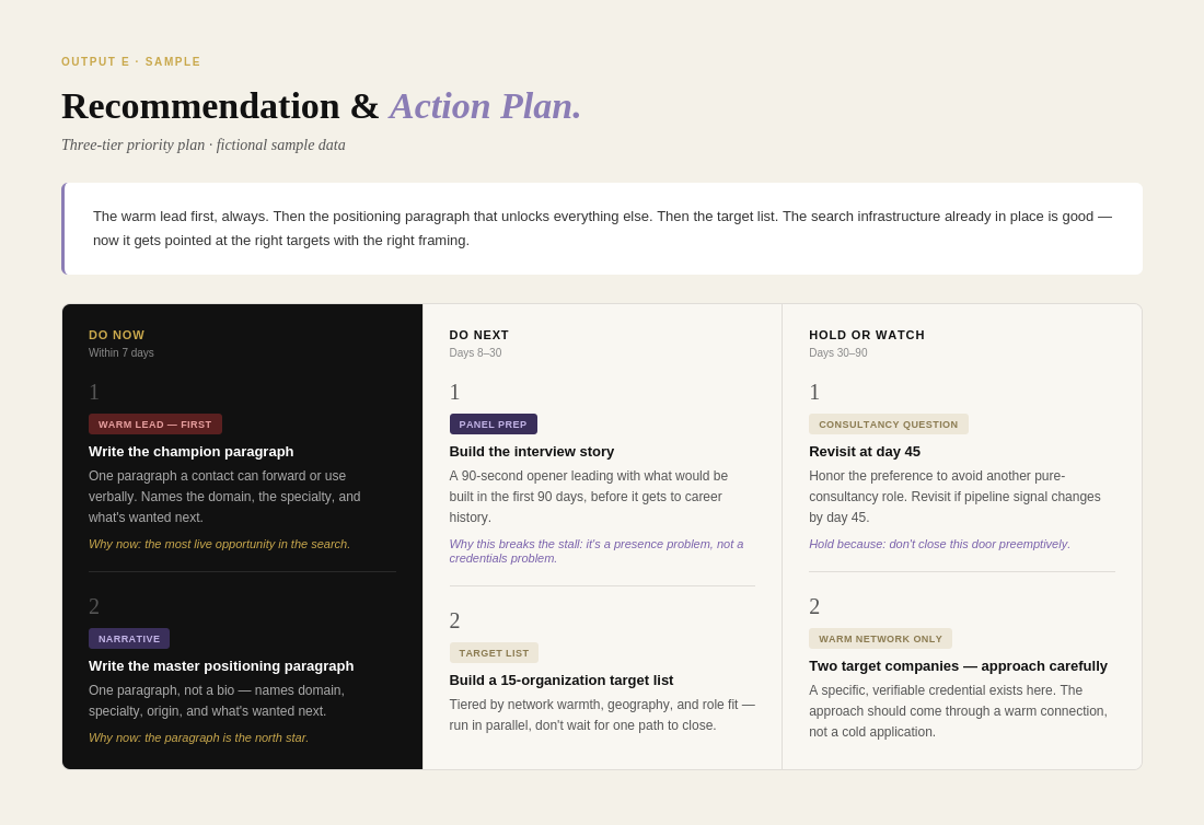 Sample priority action plan from Hive's Insider Brief outlining next steps for an executive job search