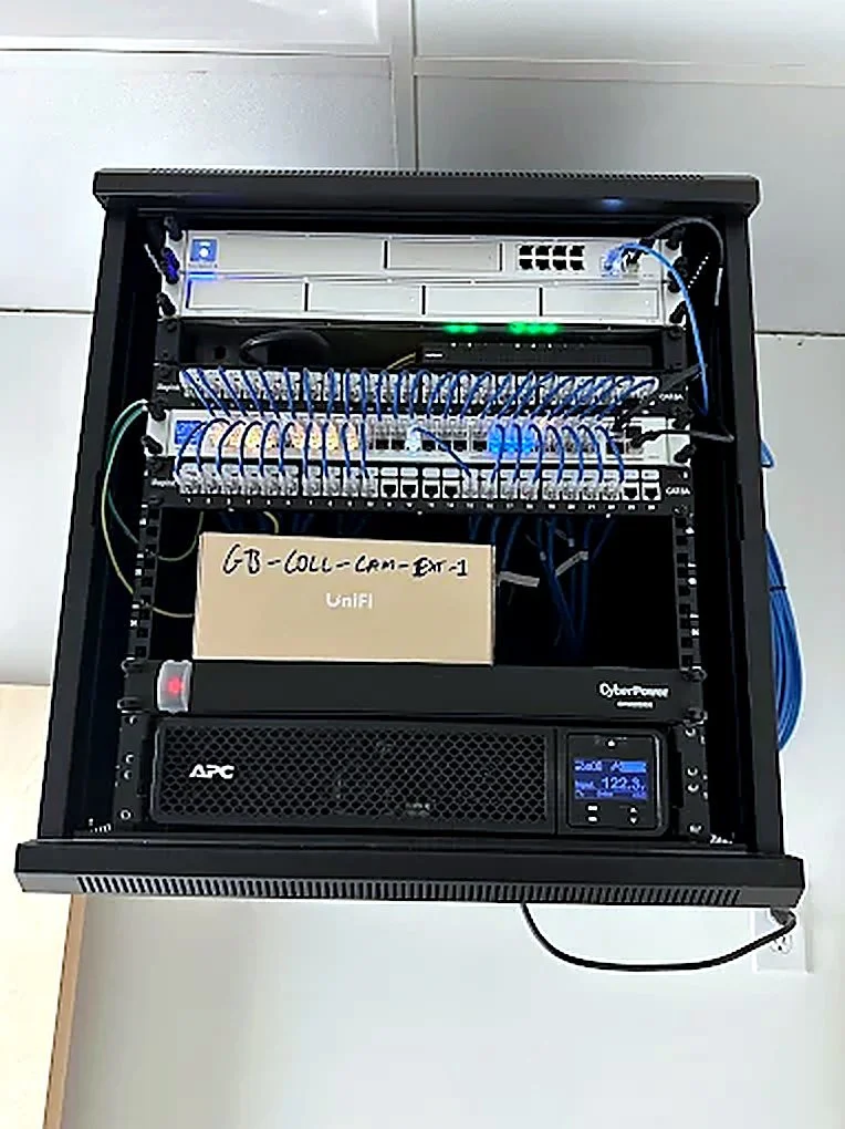 Wall-mount rack with UniFi gateway, switching, and UPS