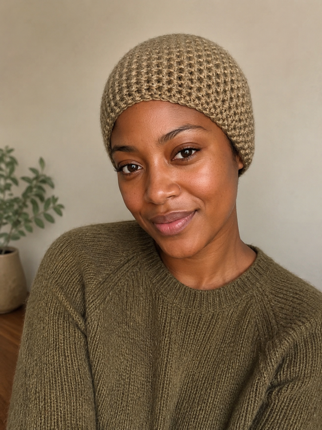 Handmade crochet hat, styling shown with AI