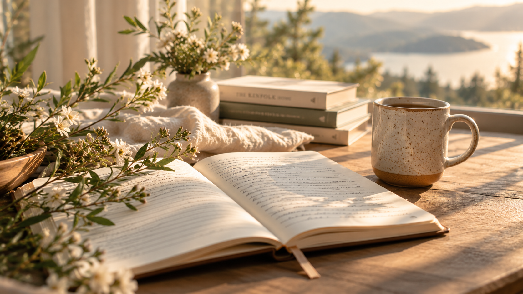 Open journal, ceramic mug and botanicals in warm natural light