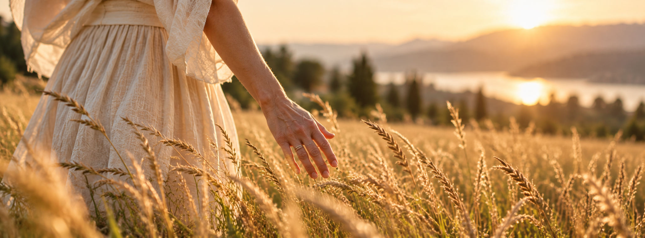 Woman walking through a golden field with her hand brushing the wheat
